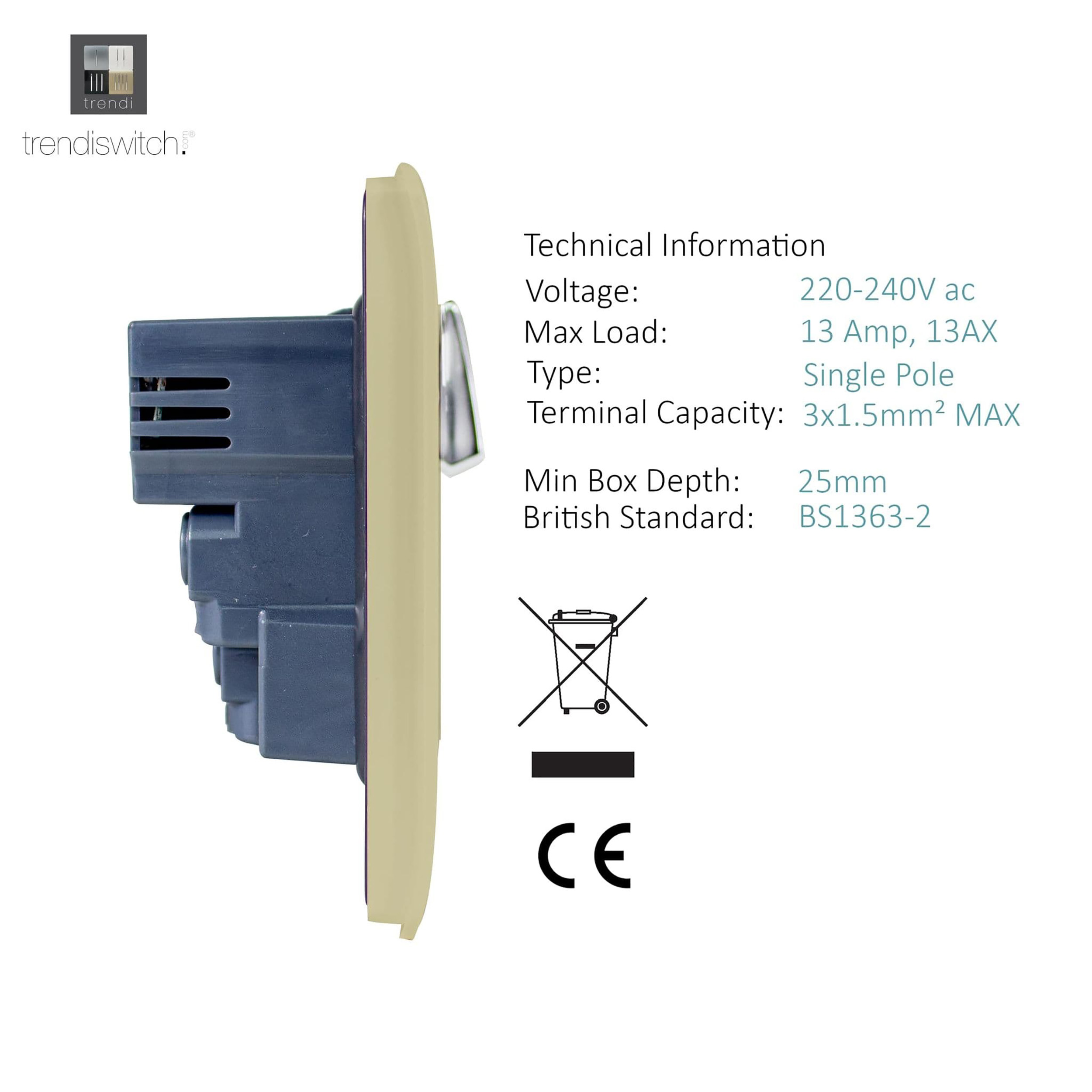 1 Gang Switched Single Socket 13A With 2 x USB-A 10W (Shared) With Neon Insert Champagne Gold ART-SKT13USBGO  Trendi Champagne Gold